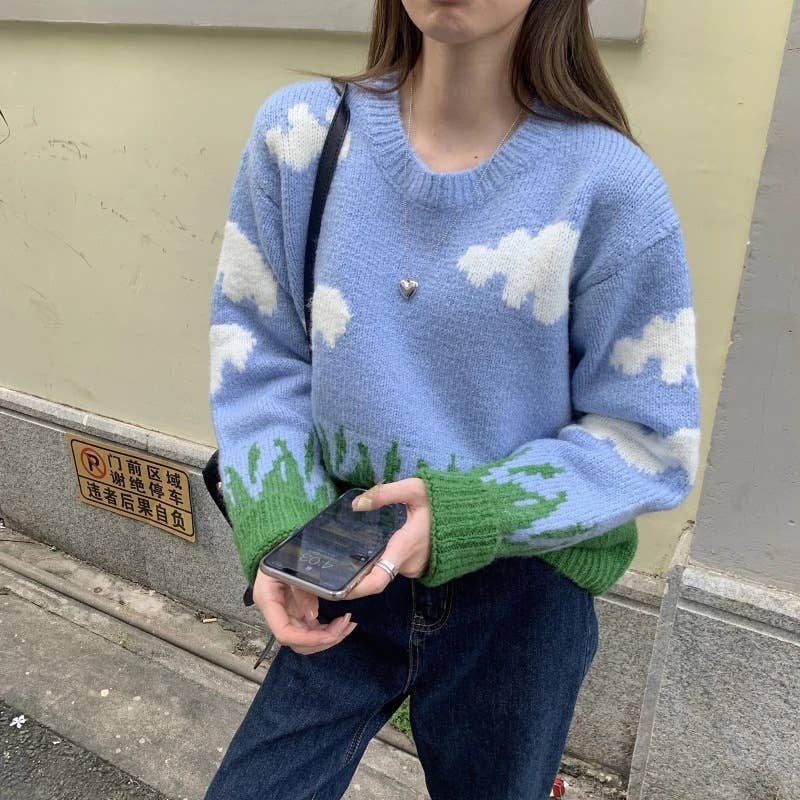 BLUE SKY WHITE CLOUD JACQUARD CREW NECK SWEATER