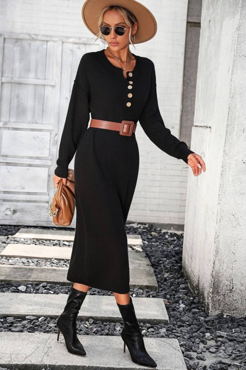 CWDMD538  Long Sleeve Loose V-Neck Button Tops Long Sweater