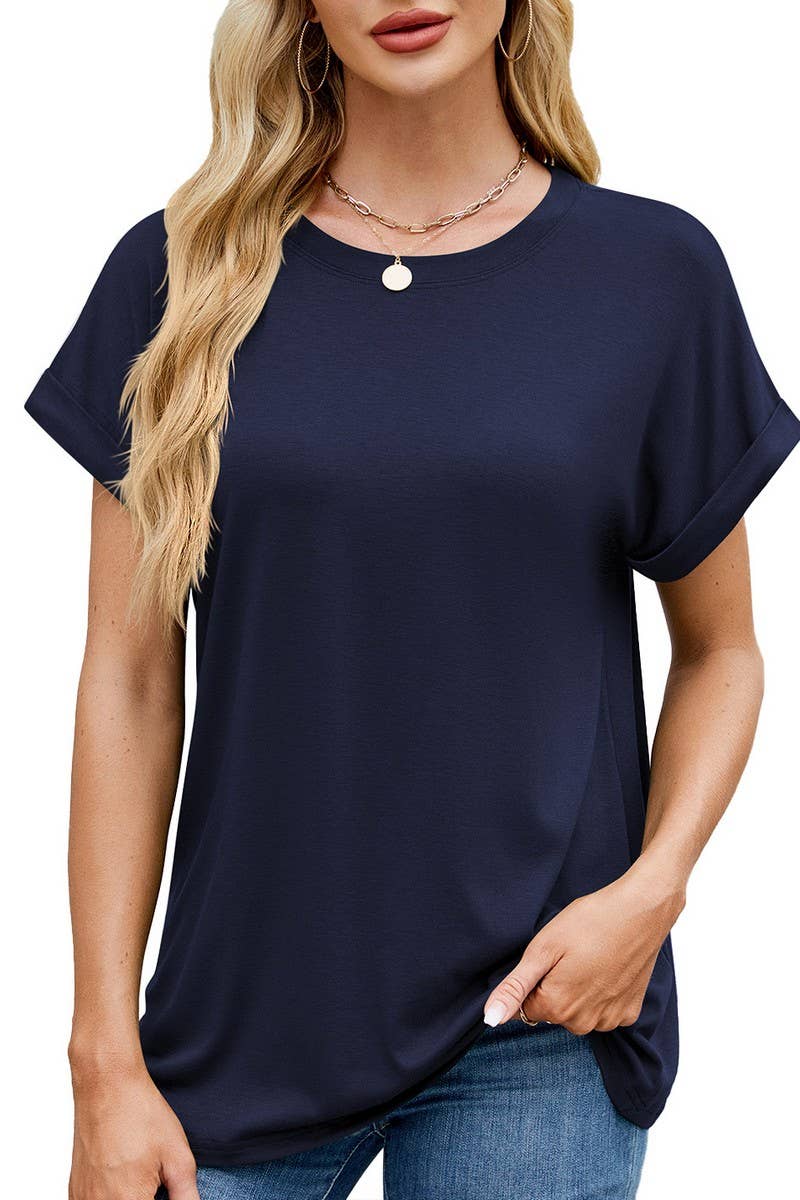 CWTBLS1728_SOLID COLOR ROUND NECK T-SHIRT SHORT SLEEVE TOP