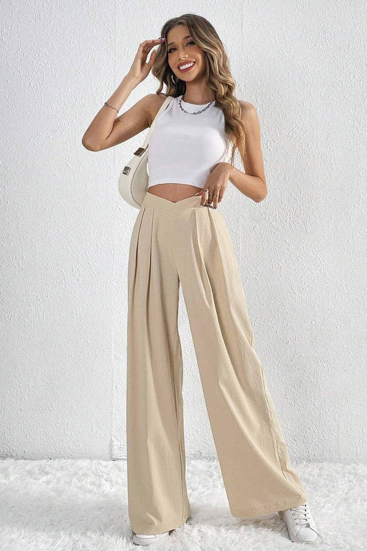 CWBLP1422_PLEATED CASUAL WIDE-LEG LOOSE TROUSERS