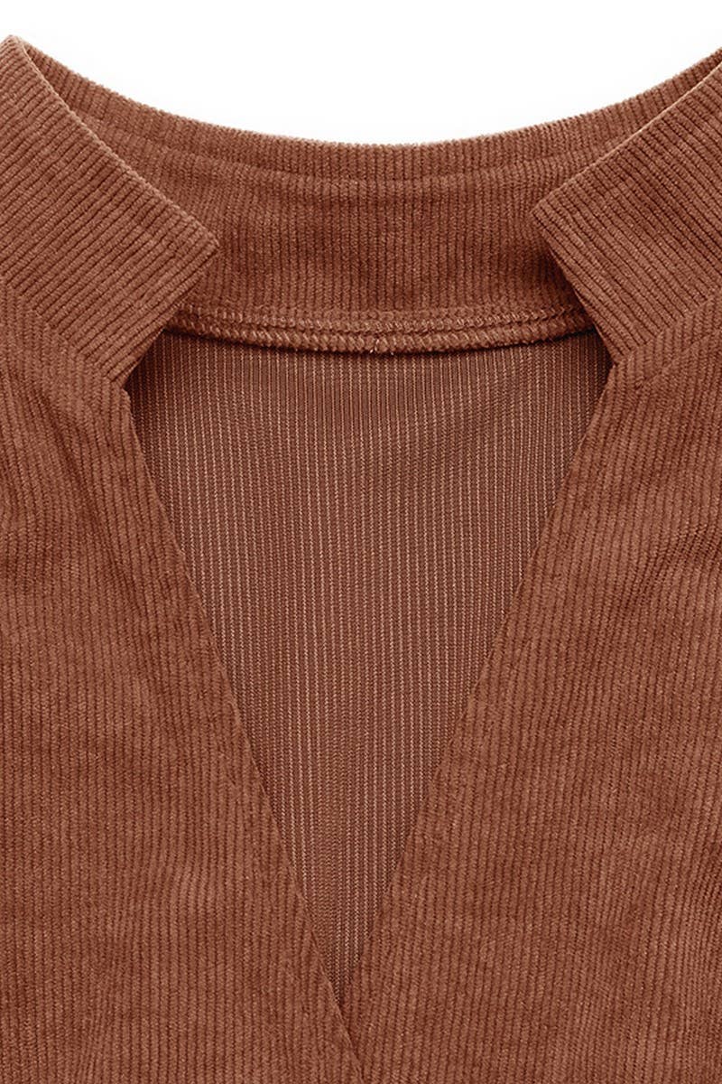 CWDMD01047_BROWN CORDUROY V-NECK LACE-UP COMMUTER DRESS