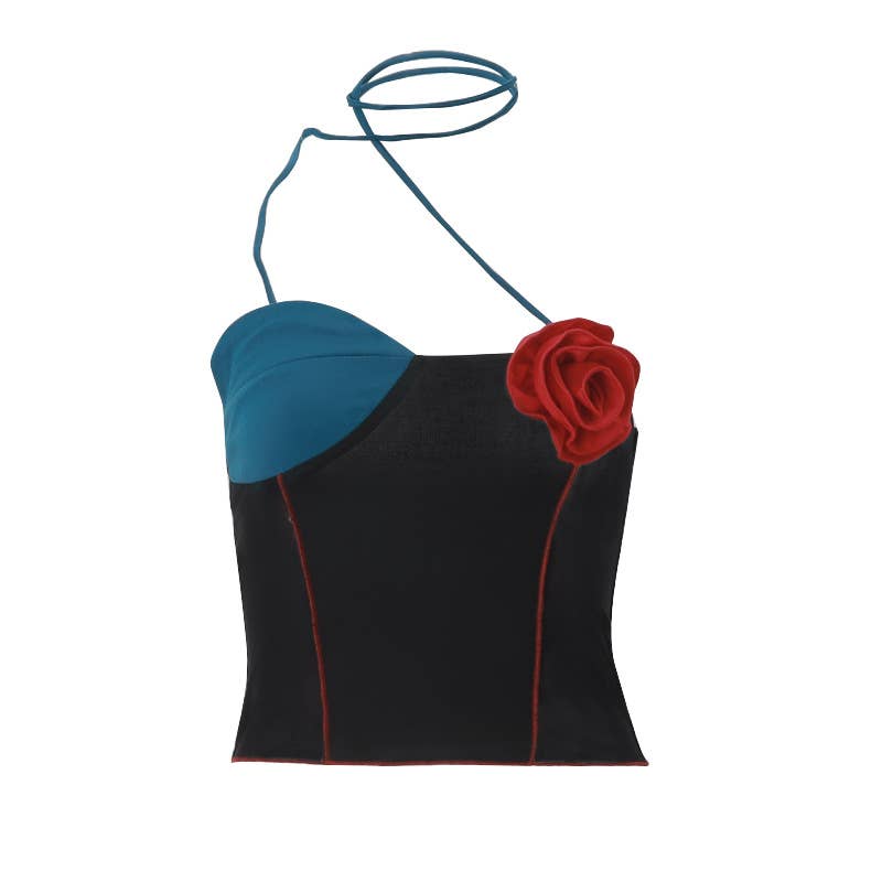 Colorblock floral 3D detail strapless top