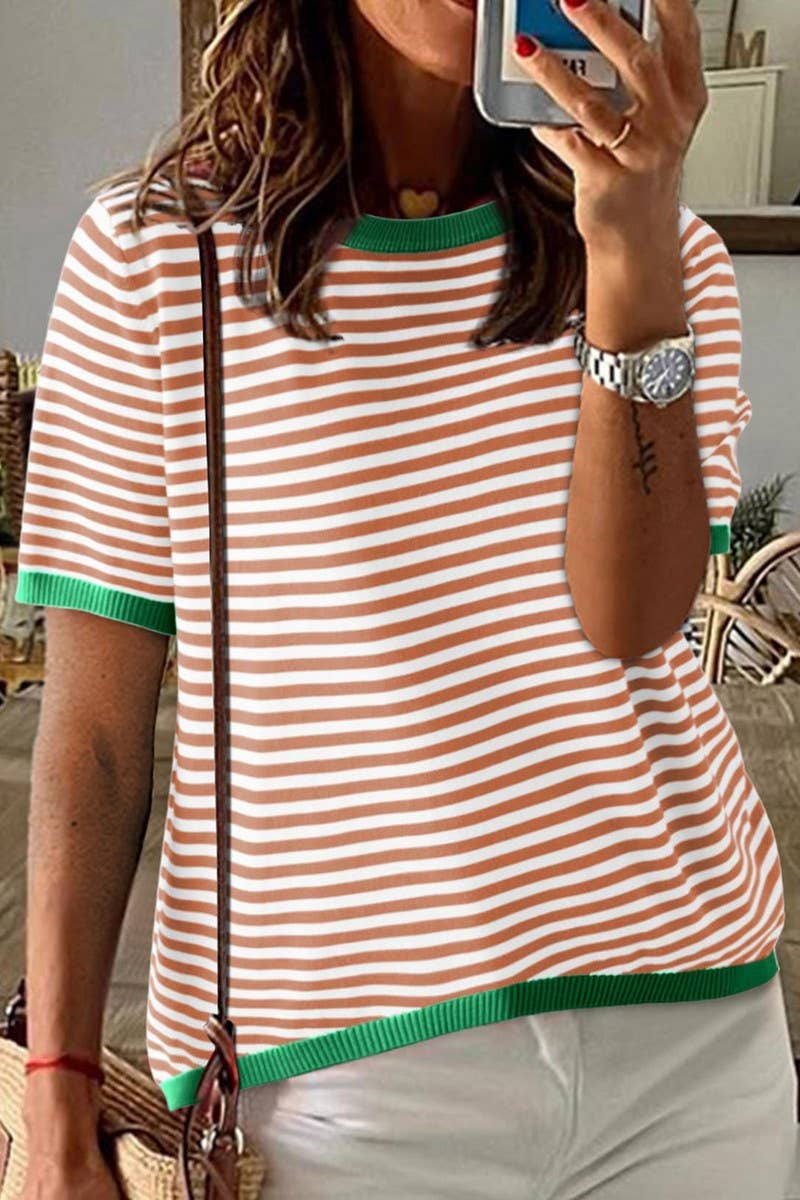 CWTTS1363_SUMMER STRIPED SHORT-SLEEVED CASUAL SWEATER