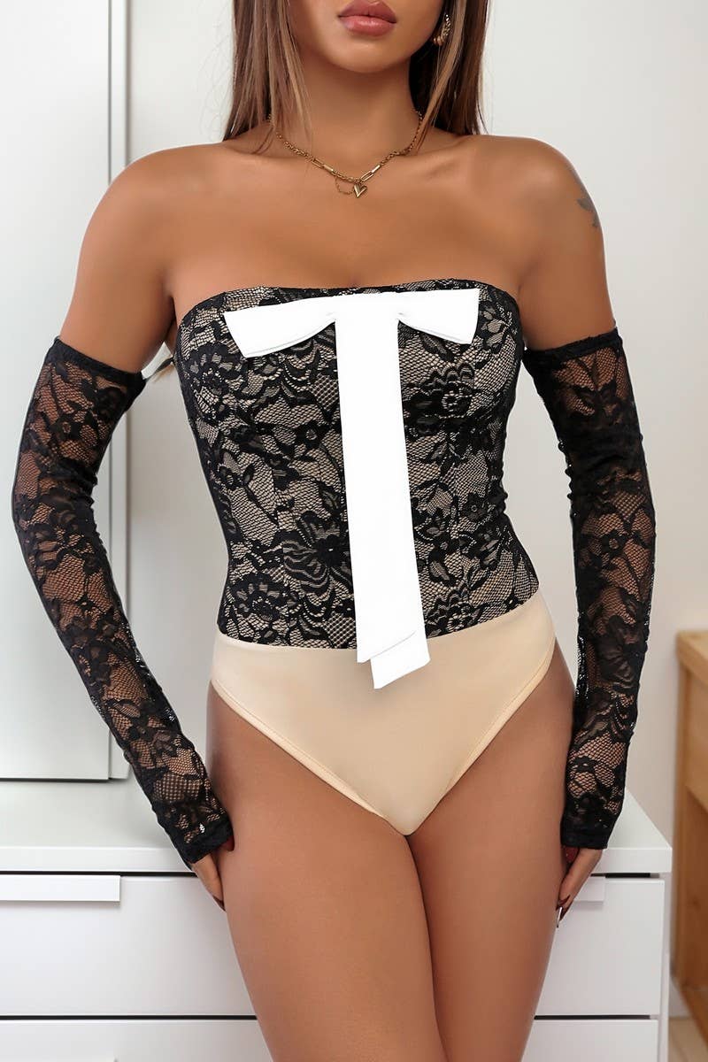 CWSBSSL0066_OFF-SHOULDER BOW LACE CONTRAST BODYSUIT