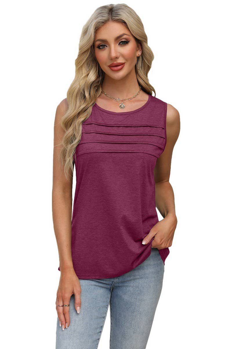 CWTBLSL0668_SOLID COLOR U-NECK PLEATED VEST T-SHIRT TOP
