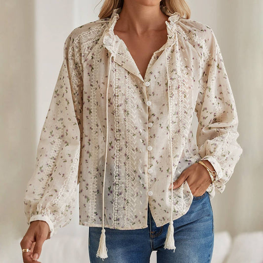 FLORAL PRINT CHIFFON EMBROIDERY FRINGE SHIRT