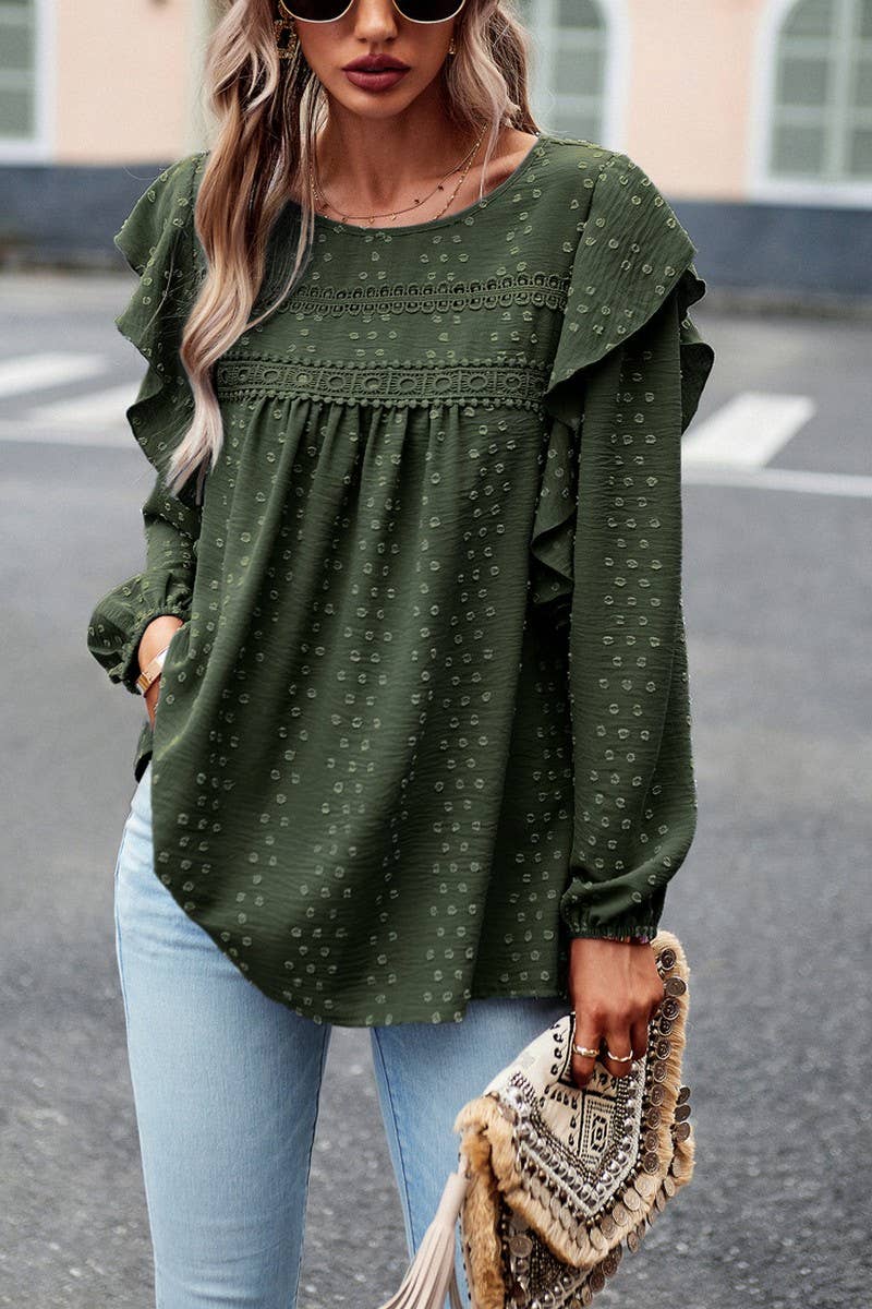 CWTBLL0390_Round neck Long Sleeve Ruffle Detailed Blouse