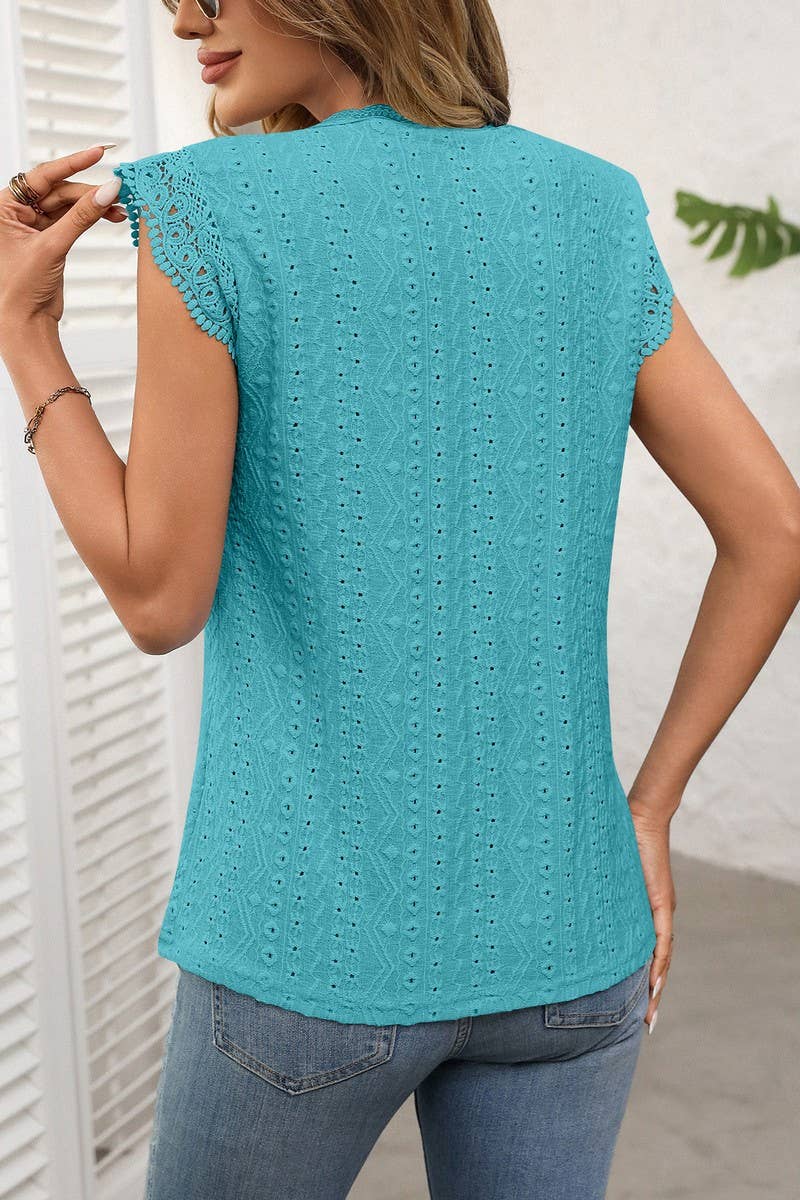 CWTBLS1619_SOLID COLOR ROUND NECK LACE STITCHING HOLLOW TOP