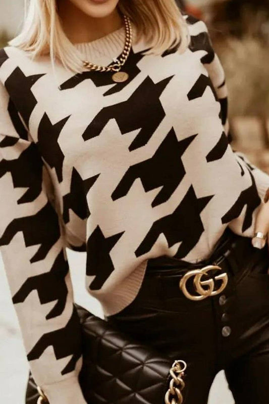 CWOSWL6276_CREW NECK HOUNDSTOOTH KNITTED SWEATER