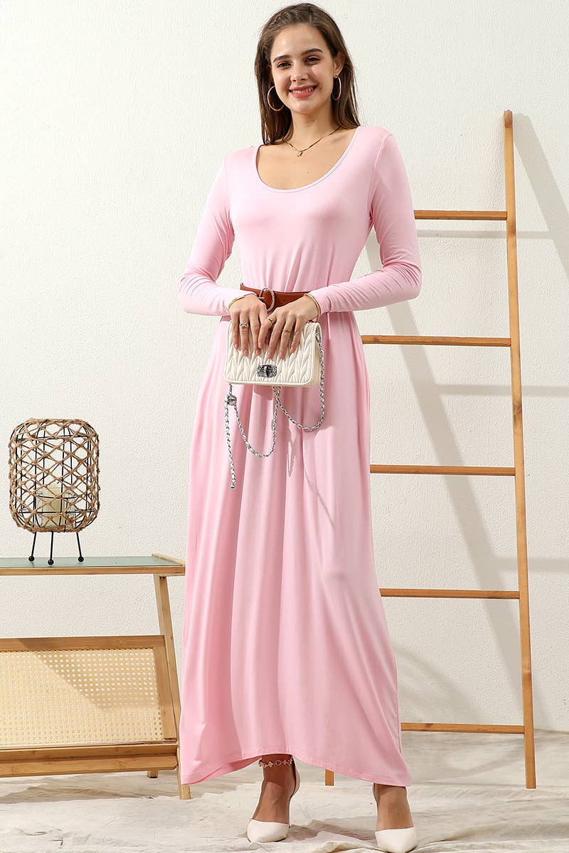 CWDMD799-P_R NECK LOOSE FIT MAXI DRESS WITH SIDE POCKETS