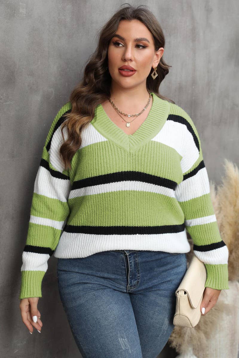 CWOSWL1583_PLUS Size V-Neck Long Sleeve Pullover Sweater