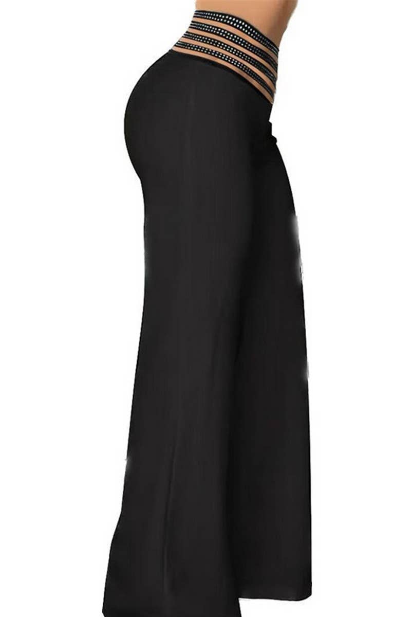 CWBLP1792_SOLID COLOR HOLLOW HOT DIAMOND WIDE-LEG TROUSERS