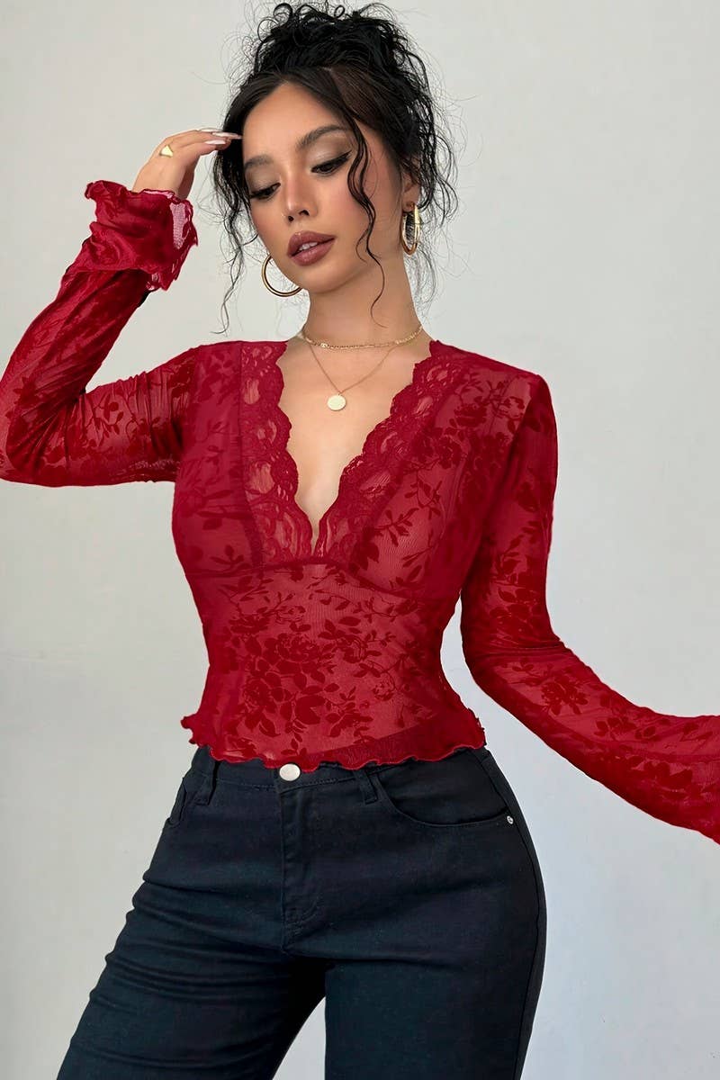 CWTBLL3908_LACE PATCHWORK MESH V-NECK BELL SLEEVE TOP