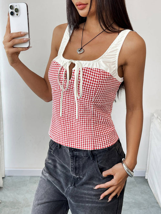 Color block plaid lace-up slim fit tank top