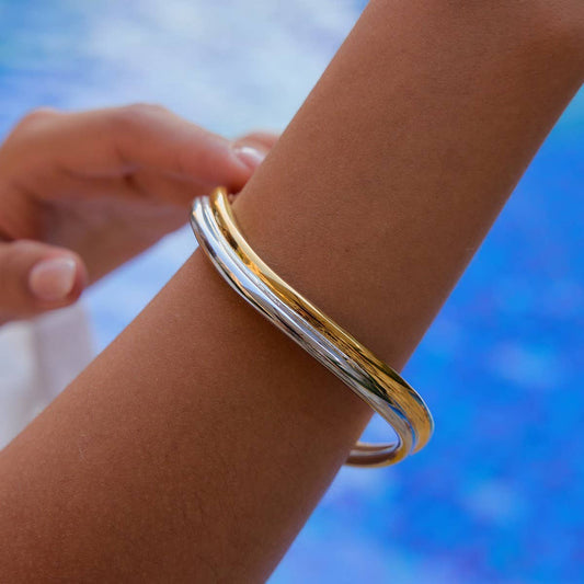 Gold-Silver Wave Bangle in 18K Stainless Steel