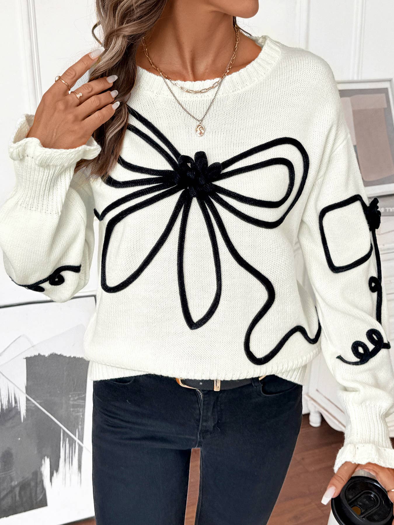 Color-blocking bow pullover long-sleeved sweater