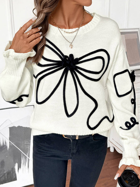 Color-blocking bow pullover long-sleeved sweater