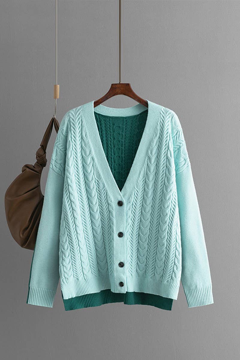 CWOCAL00678_LOOSE COLORBLOCK CABLE V NECK KNIT CARDIGAN