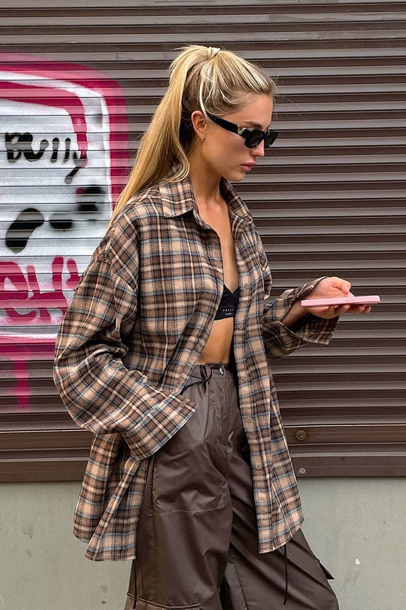 CWTBLL00719_RETRO LOOSE CASUAL PLAID LONG-SLEEVED SHIRT