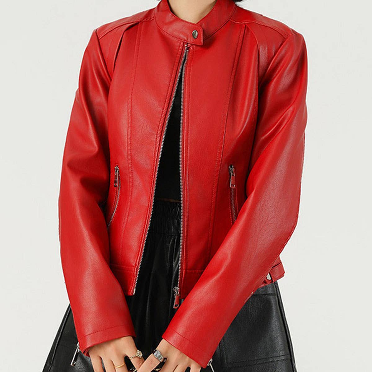 Red PU Leather Jacket ??Stand Collar Spring/Fall_CWMM9012