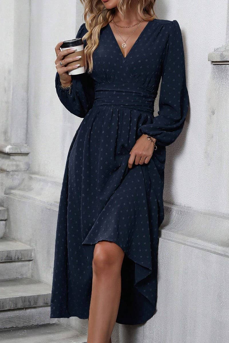 CWDMD3949_SLANTED NECK BALLOON SLEEVES PLEATED WAIST DRESS