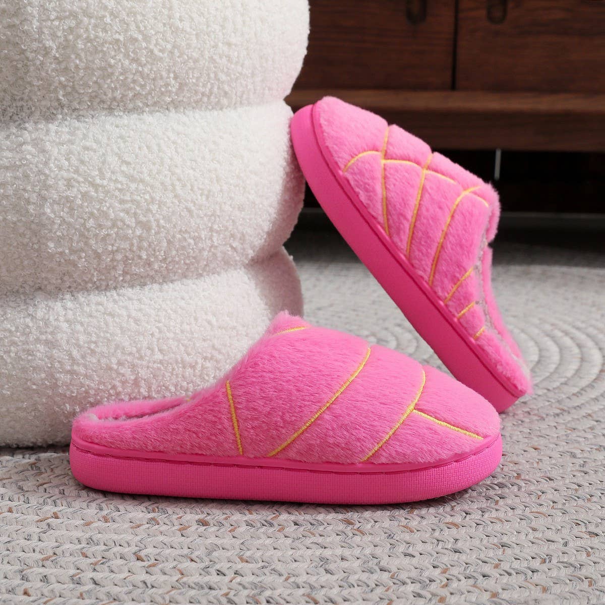 Unisex Concha Bread Furry Indoor Slippers_CWSHF00218