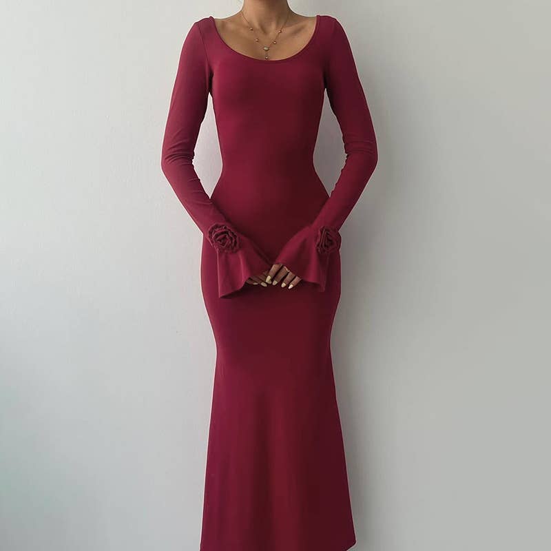 ELEGANT CREW-NECK ROSE LONG-SLEEVED DRESS
