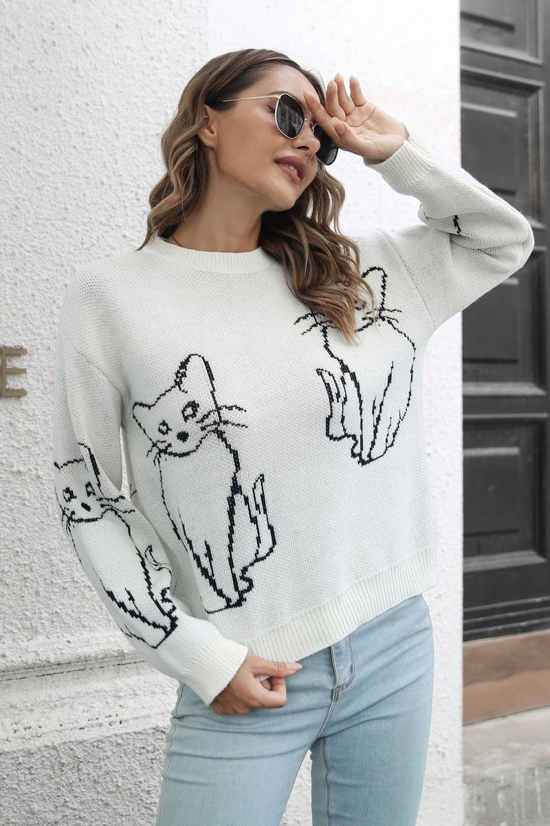 CWOSWL3840_CAT JACQUARD LONG-SLEEVED PULLOVER SWEATER