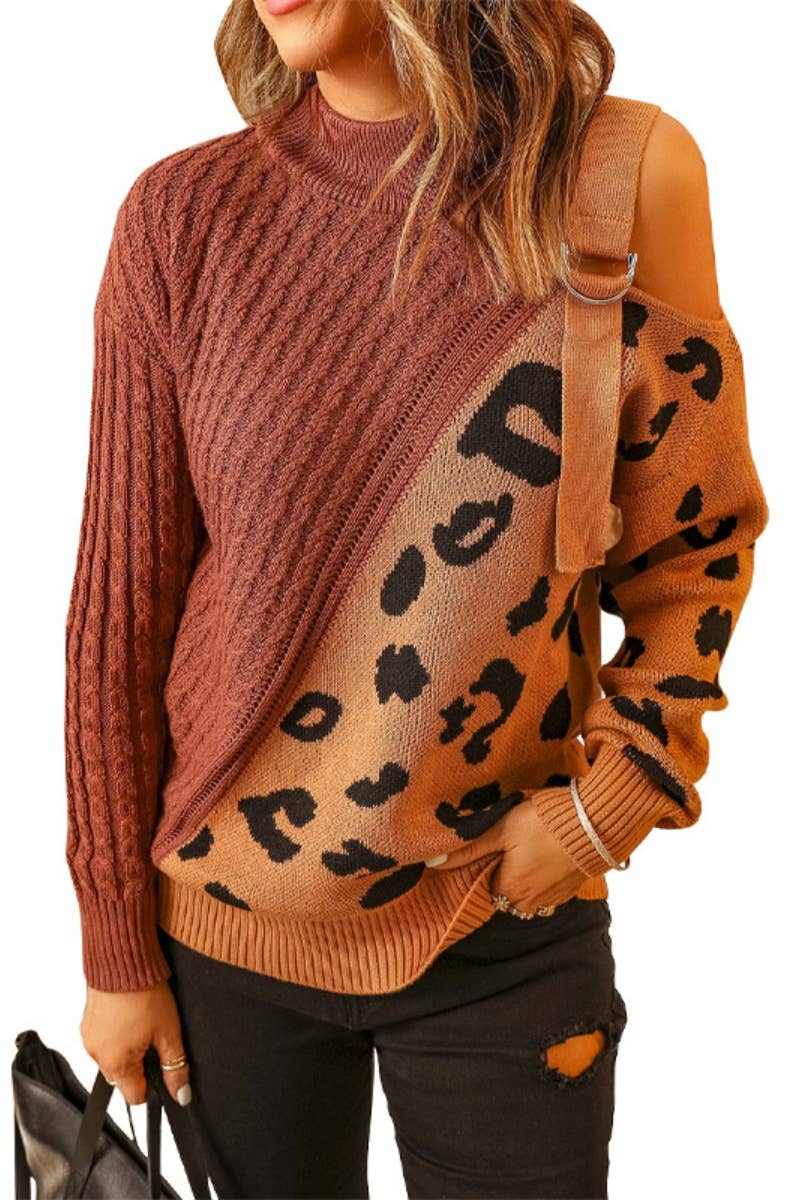 CWOSWL6674_LEOPARD PRINT OFF-THE-SHOULDER BUCKLE SWEATER