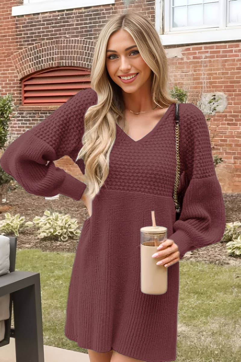 CWDSD10582_V NECK PUFF SLEEVE SOLID KNIT SWEATER DRESS