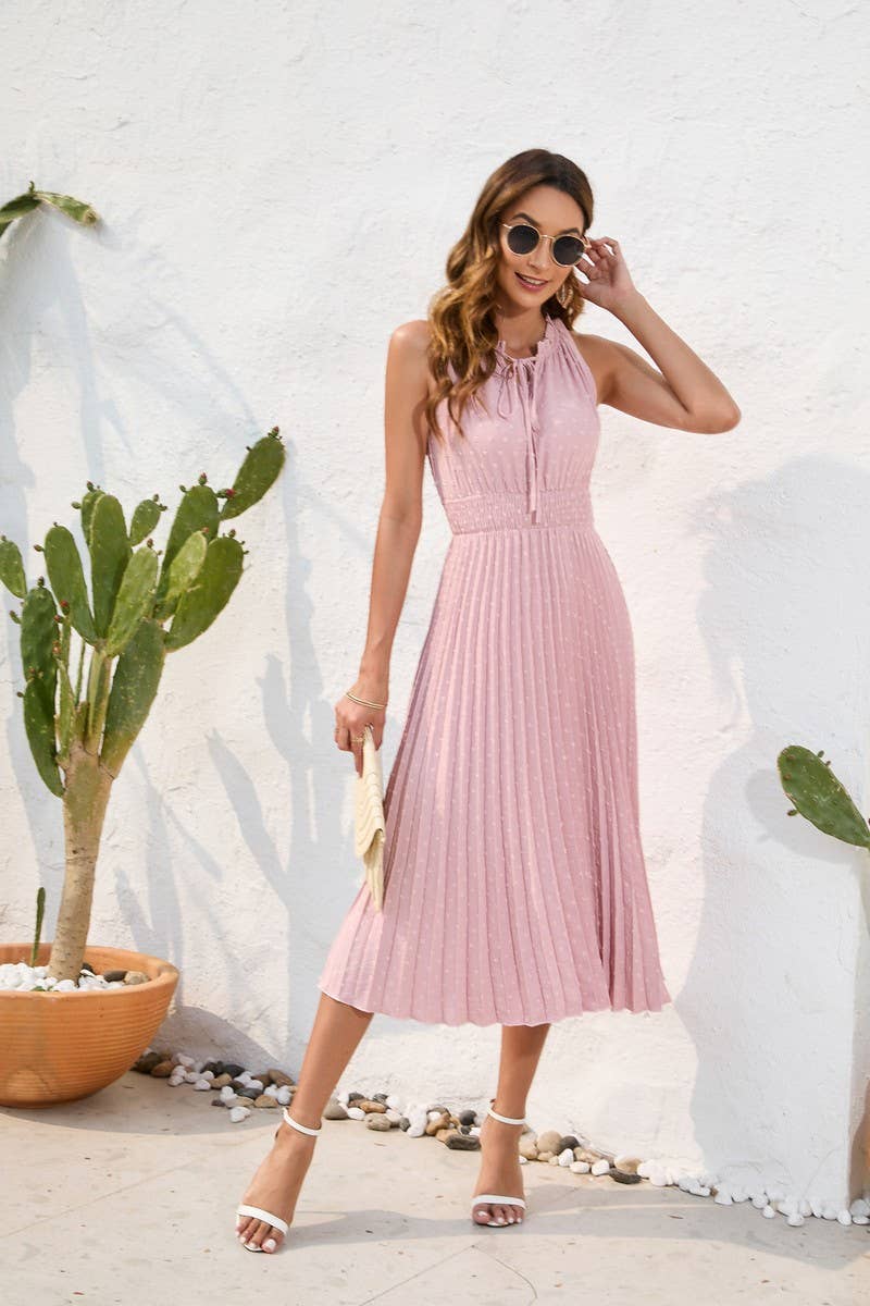 CWDMD2140_LACE UP HIGH WAISTED PLEATED HAIRBALL DRESS