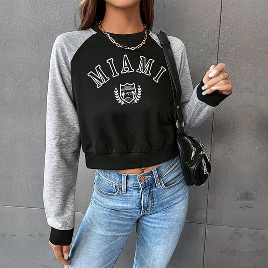 Color-blocked short round-neck letter hoodie
