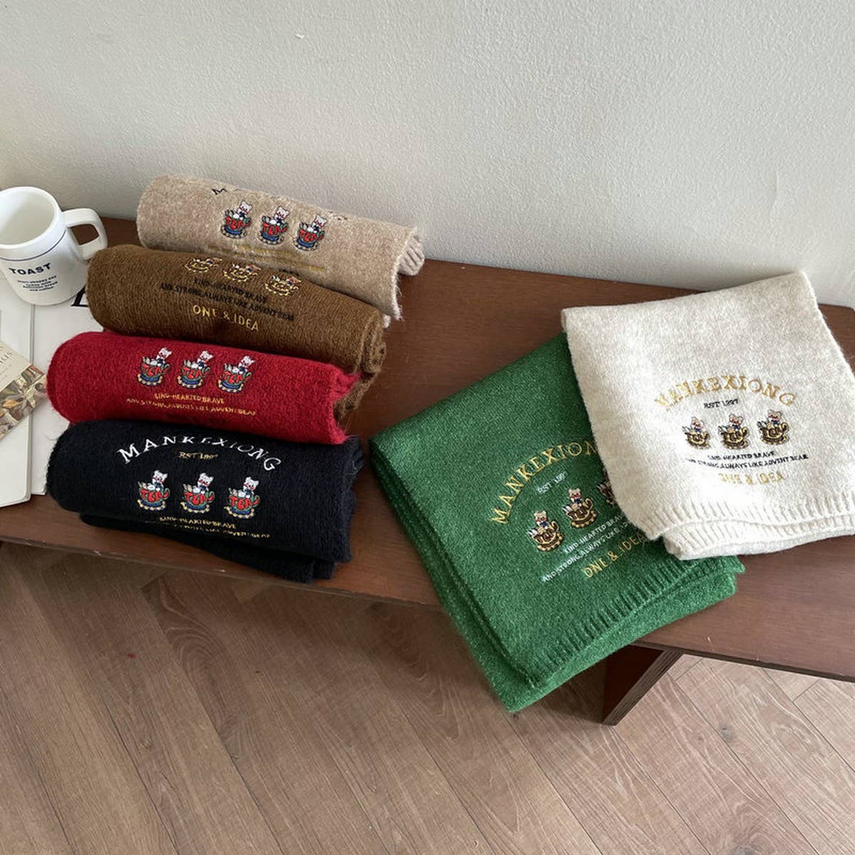 CUTE BEAR EMBROIDERY SOLID COLOR KNITTED SCARF