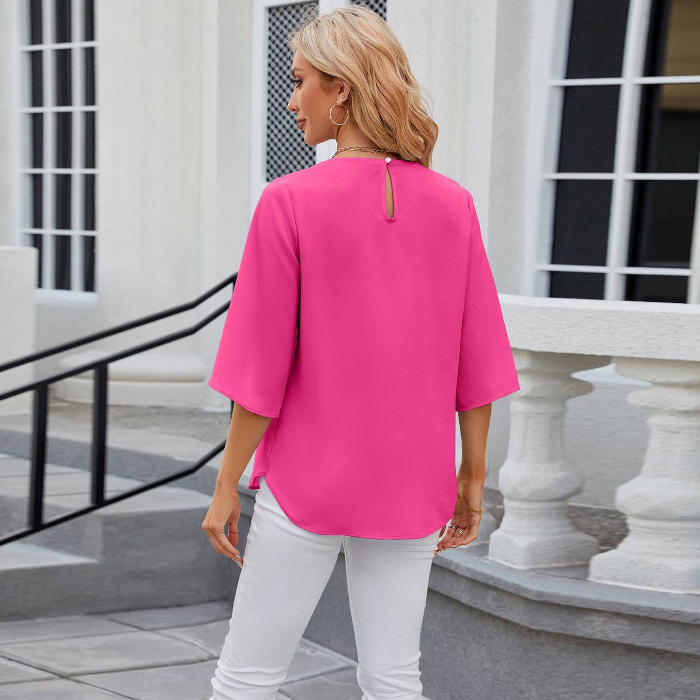 Crew-neck loose chiffon with five-quarter sleeves