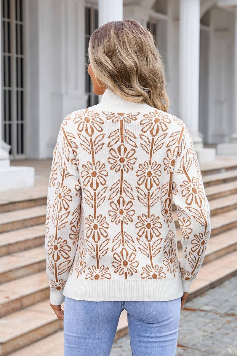 CWOSWL3108_CASUAL TURTLENECK PULLOVER FLORAL KNITTED SWEATER