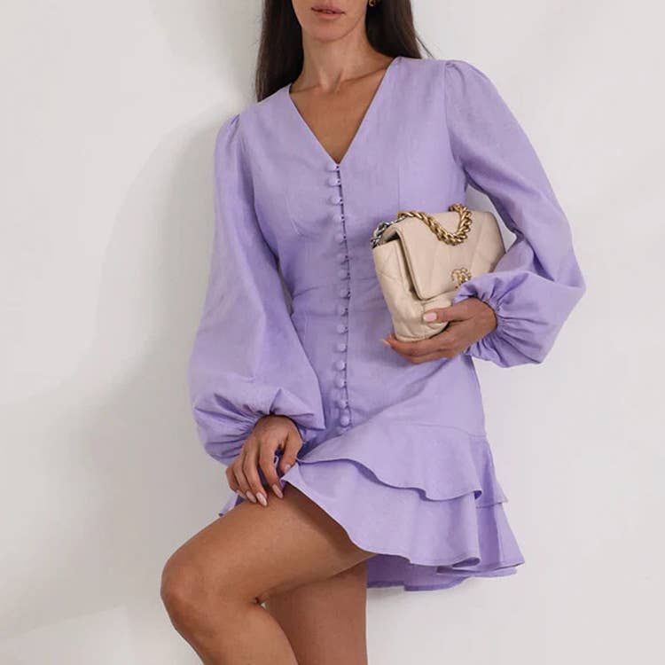 Cotton V-neck long-sleeved purple dress