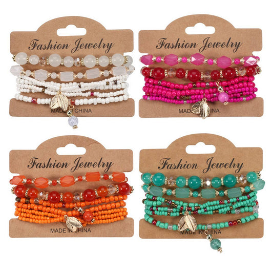 CWMM10461_BOHO MULTI LAYER BEADED LEAF CHARM BRACELET