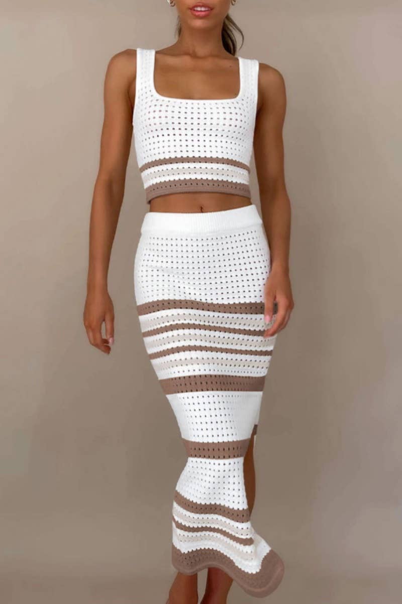 CWSS0493_SLEEVELESS STRIPED TOP BODYCON LONG SKIRT SUIT