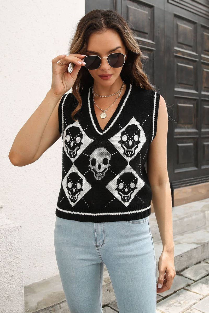 CWOV0484_HALLOWEEN SKULL JACQUARD KNIT SWEATER VEST