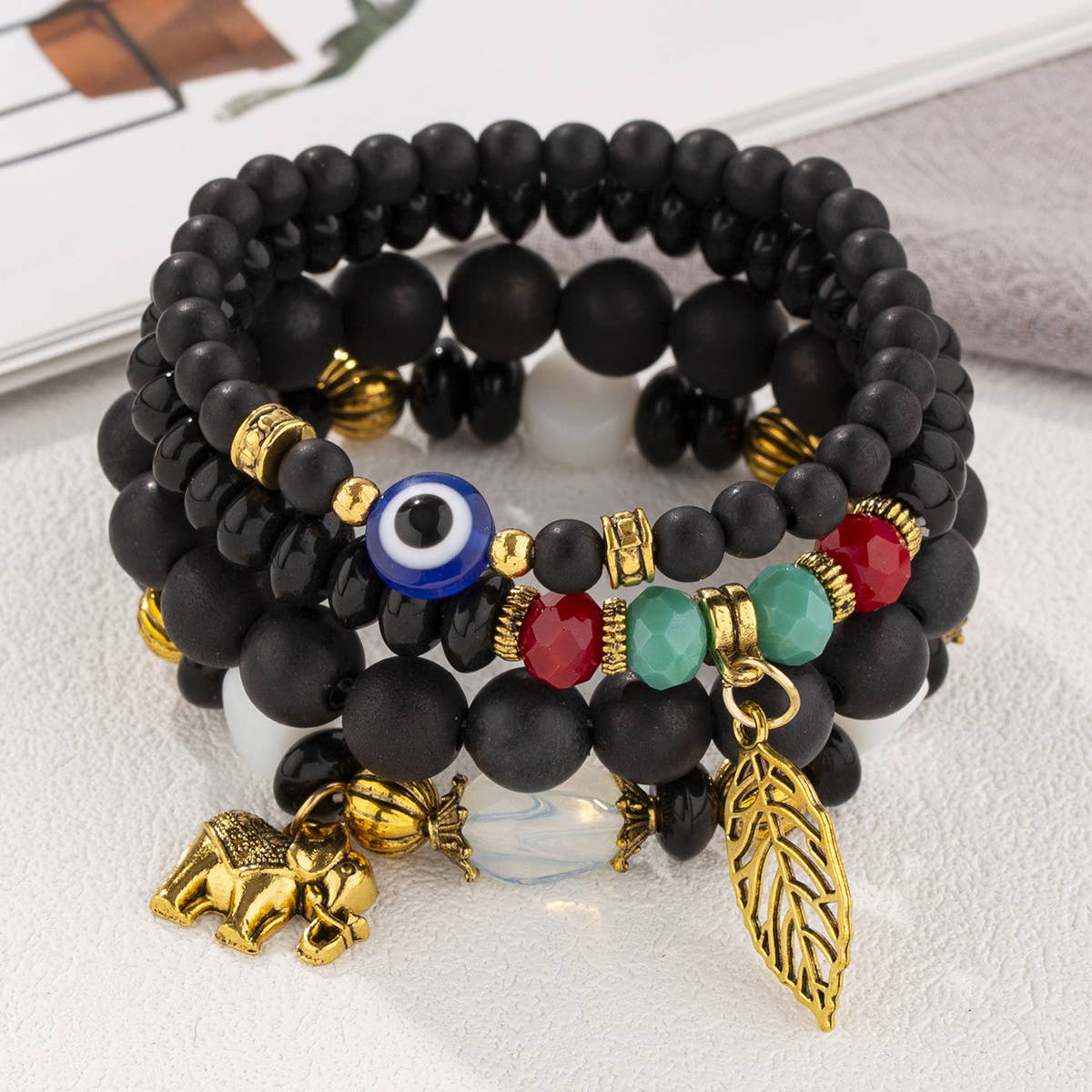 MULTI-LAYERED ELEPHANT LEAF BEAD BRACELET