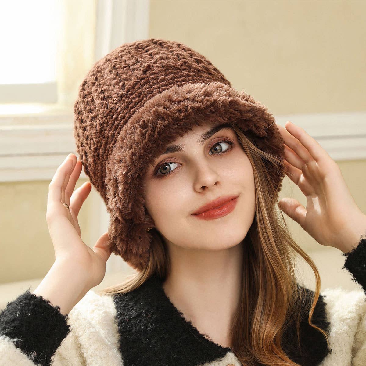 PLUSH-FUZZY KNIT BUCKET HAT WITH EAR COVERAGE_CWAH1979