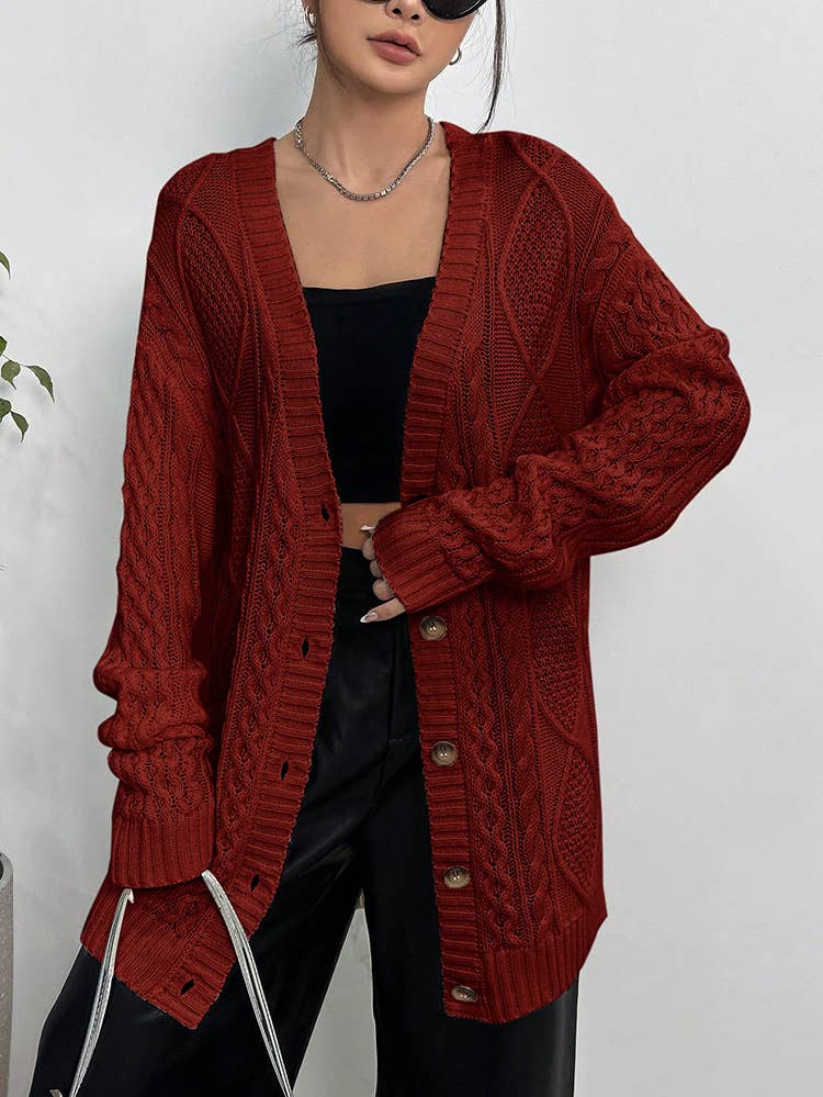 CASUAL LOOSE V-NECK MID-LENGTH KNIT CARDIGAN