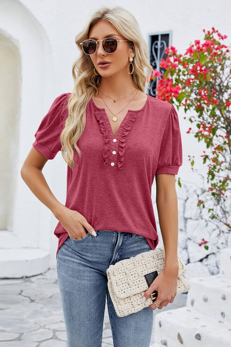 CWTBLS0888_V-NECK BUTTON-UP SHORT-SLEEVED TOP