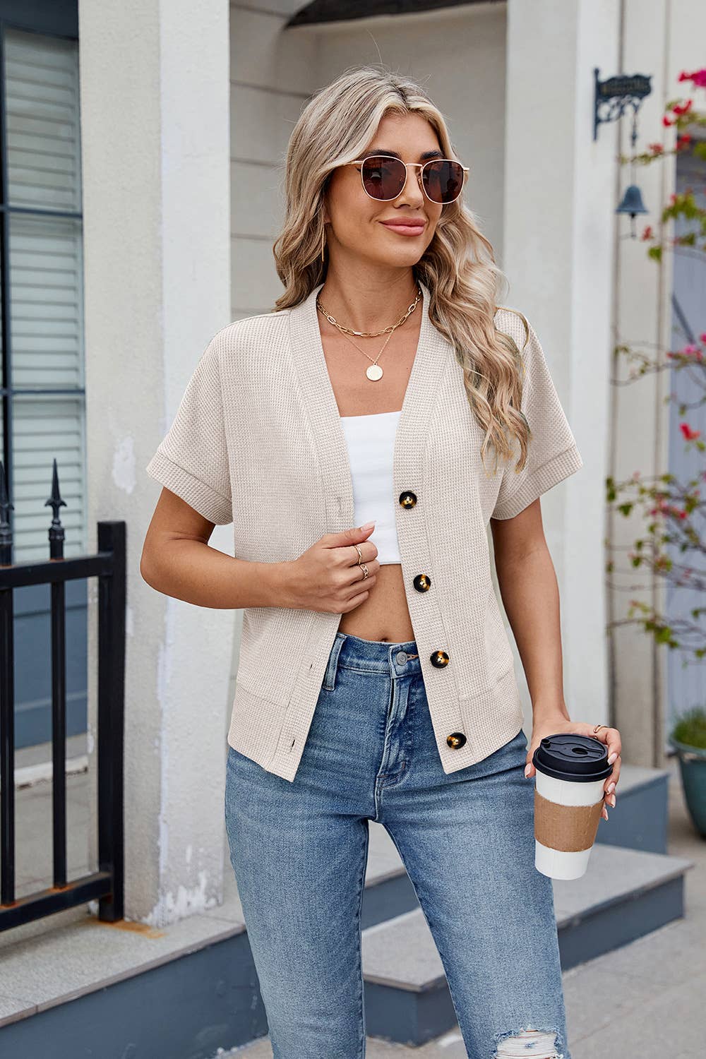 Casual V-neck knitted short-sleeved cardigan