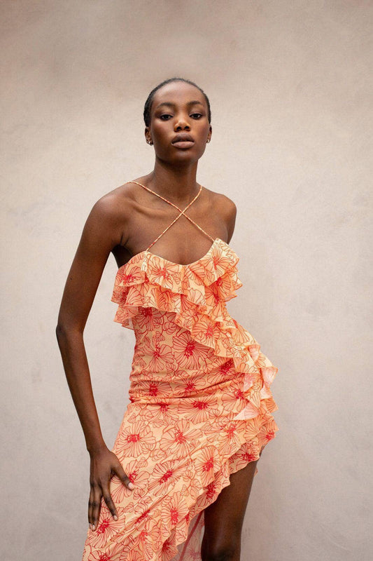 FLORAL DRESS WITH CROSSED WOODEN EARS