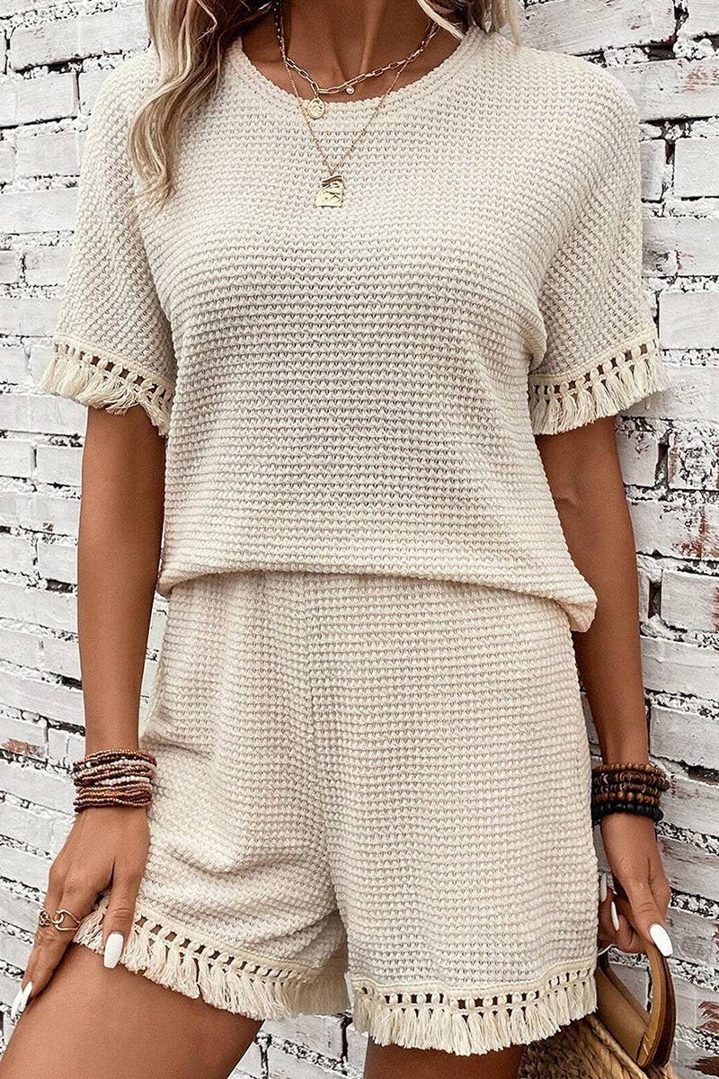 CWSS1100_SUMMER SOLID COLOR SIMPLE TASSEL TWO-PIECE SUIT