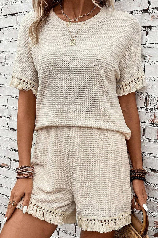 CWSS1100_SUMMER SOLID COLOR SIMPLE TASSEL TWO-PIECE SUIT