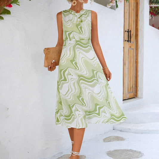 Abstract printed round-neck cinched waist dress