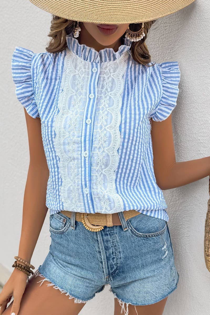 CWTBLS1991_STRIPED LACE TRIM RUFFLE SLEEVE CARDIGAN SHIRT