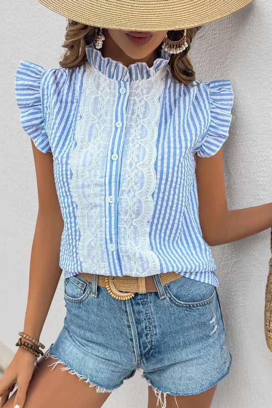 CWTBLS1991_STRIPED LACE TRIM RUFFLE SLEEVE CARDIGAN SHIRT